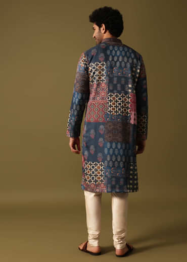 Blue Silk Printed Kurta Pyjama For Men