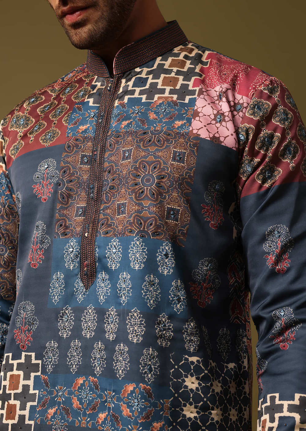Blue Silk Printed Kurta Pyjama For Men