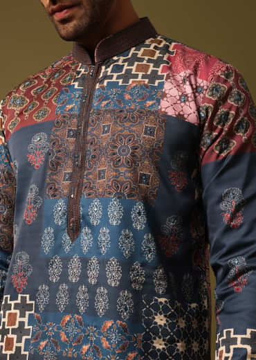 Blue Silk Printed Kurta Pyjama For Men