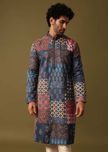 Blue Silk Printed Kurta Pyjama For Men