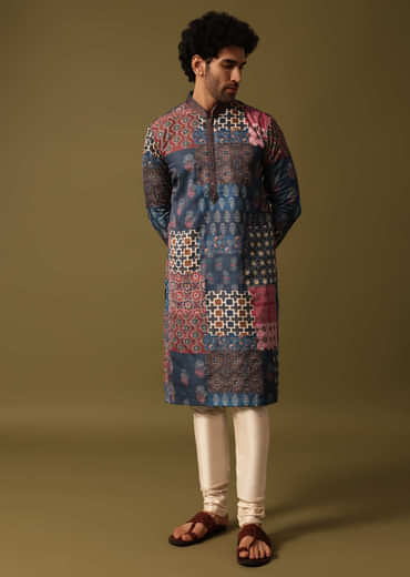 Blue Silk Printed Kurta Pyjama For Men
