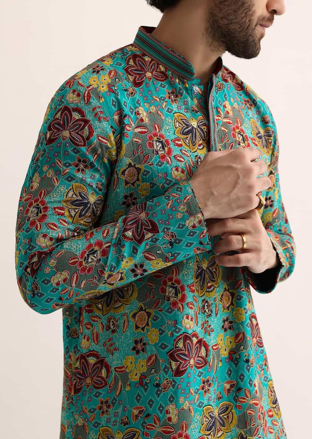Blue Silk Sequin Work Kurta Set For Men