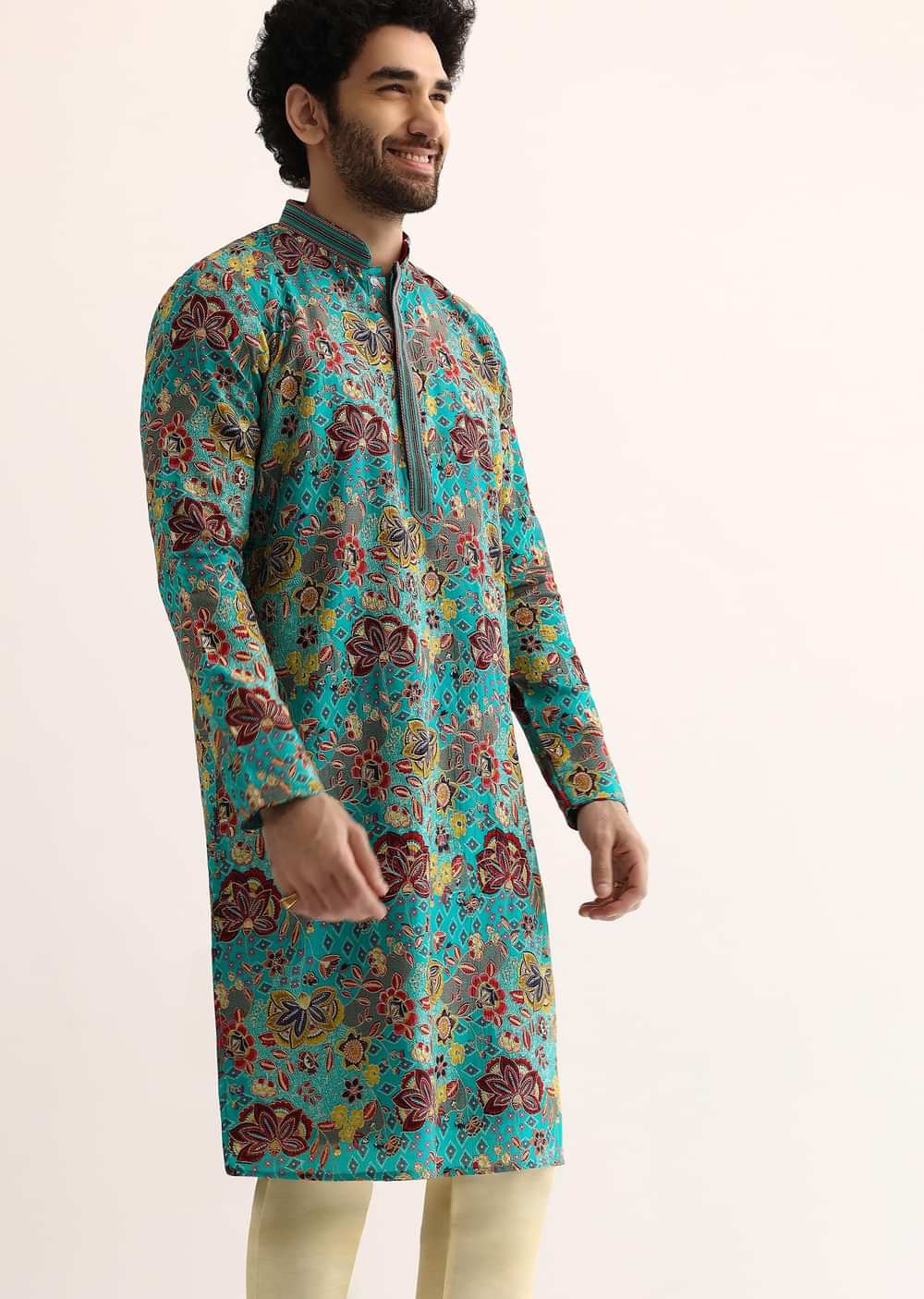 Blue Silk Sequin Work Kurta Set For Men