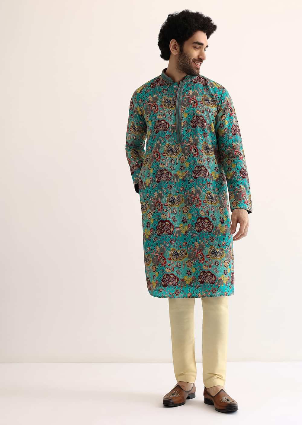 Blue Silk Sequin Work Kurta Set For Men