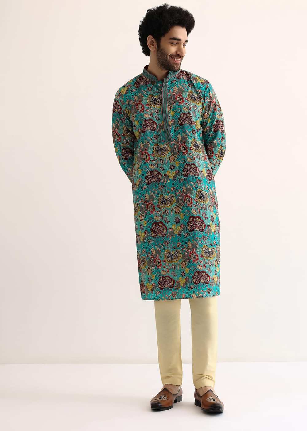 Blue Silk Sequin Work Kurta Set For Men