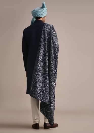 Blue Silk Sherwani With Pashmina Dupatta