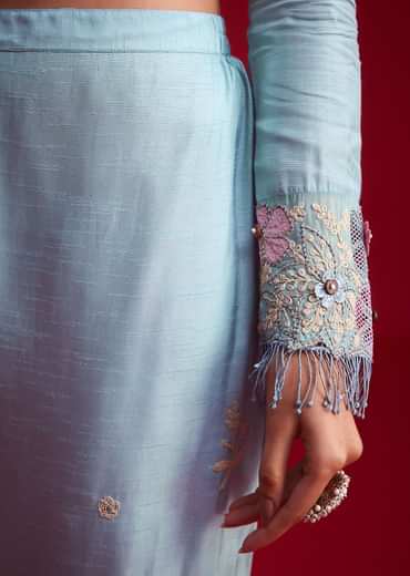 Blue Silk Threadwork And Patch Work Kurta Pant Set