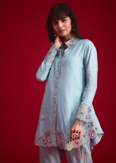 Blue Silk Threadwork And Patch Work Kurta Pant Set