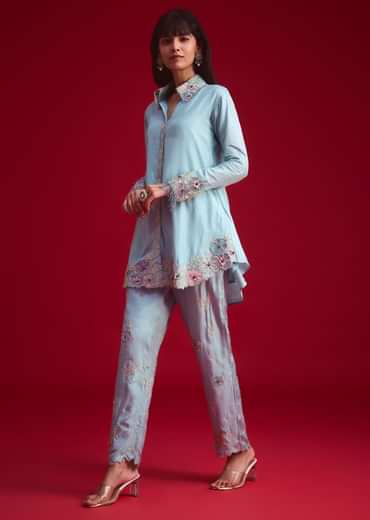 Blue Silk Threadwork And Patch Work Kurta Pant Set