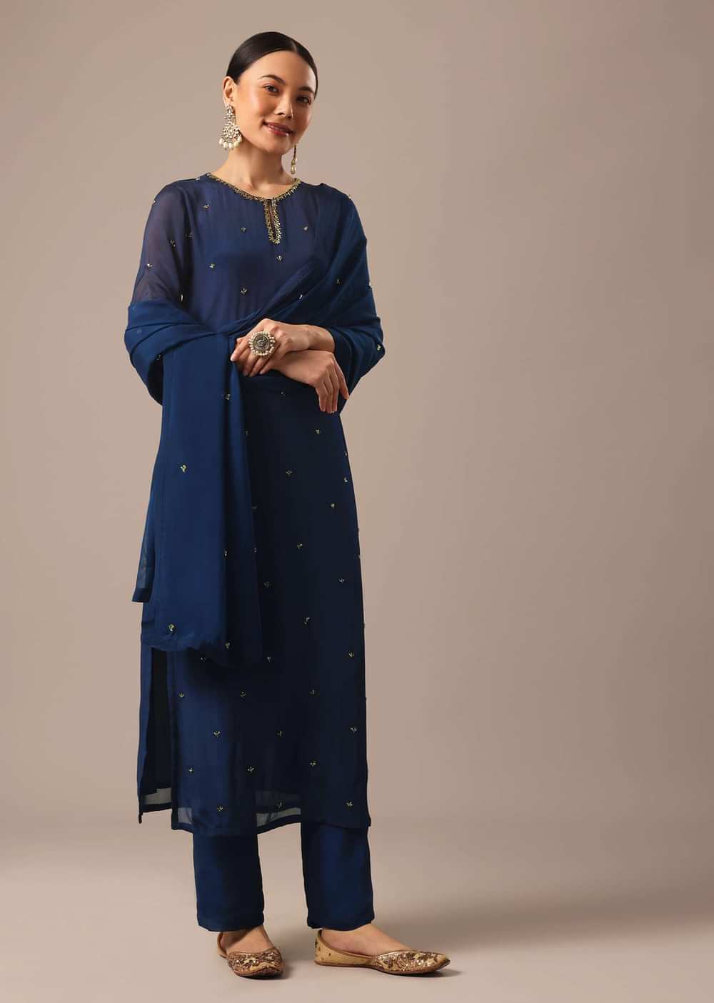 Blue Slim Fit Hand Embroidered Kurta Set With Sequin Work
