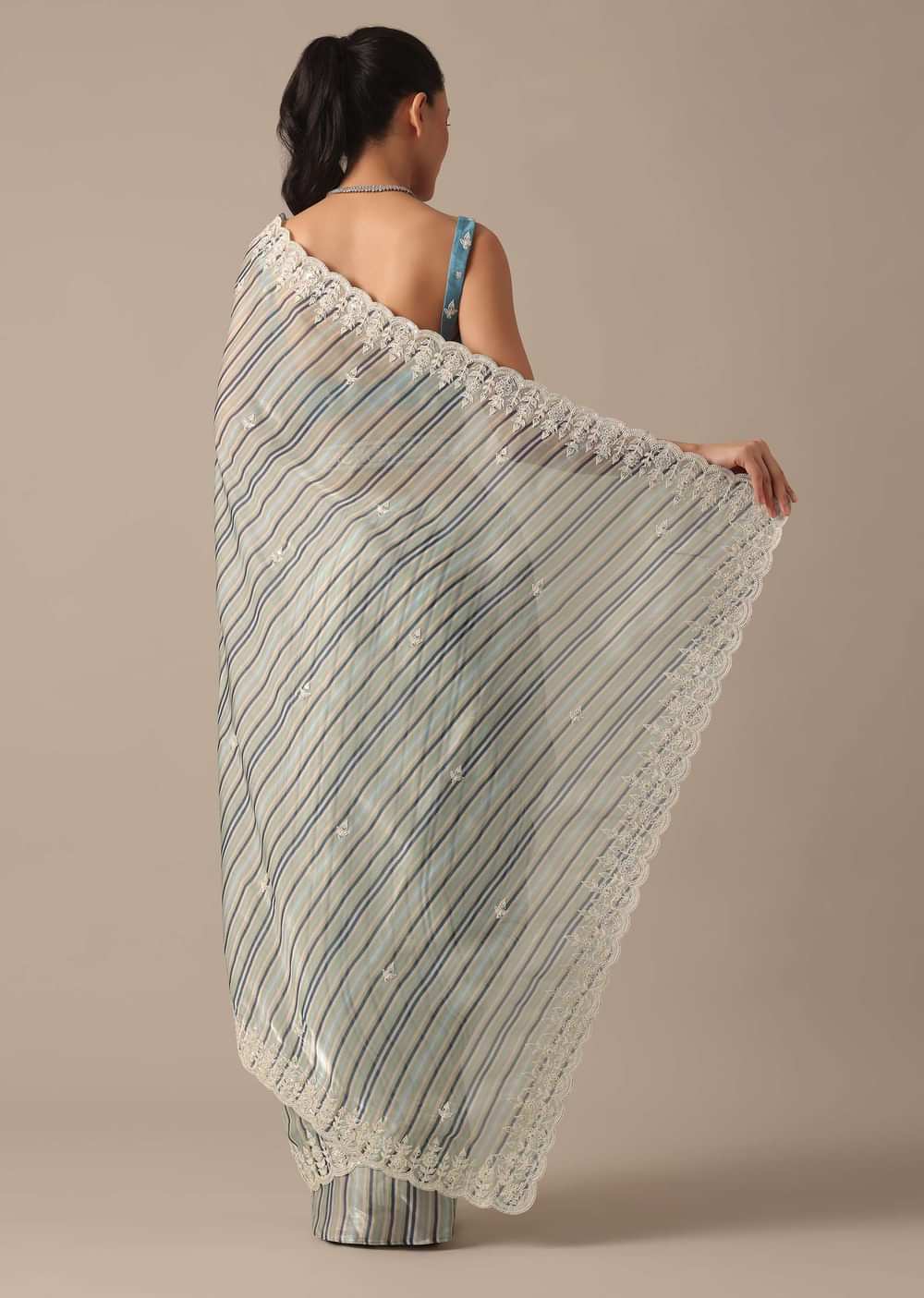 Blue Striped Saree In Satin With Belt And Unstitched Blouse Piece