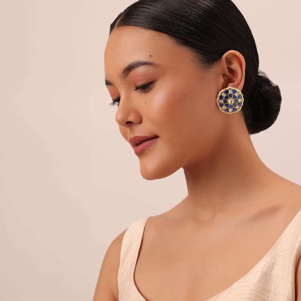Blue Studs With Meenakari And Polki Stones