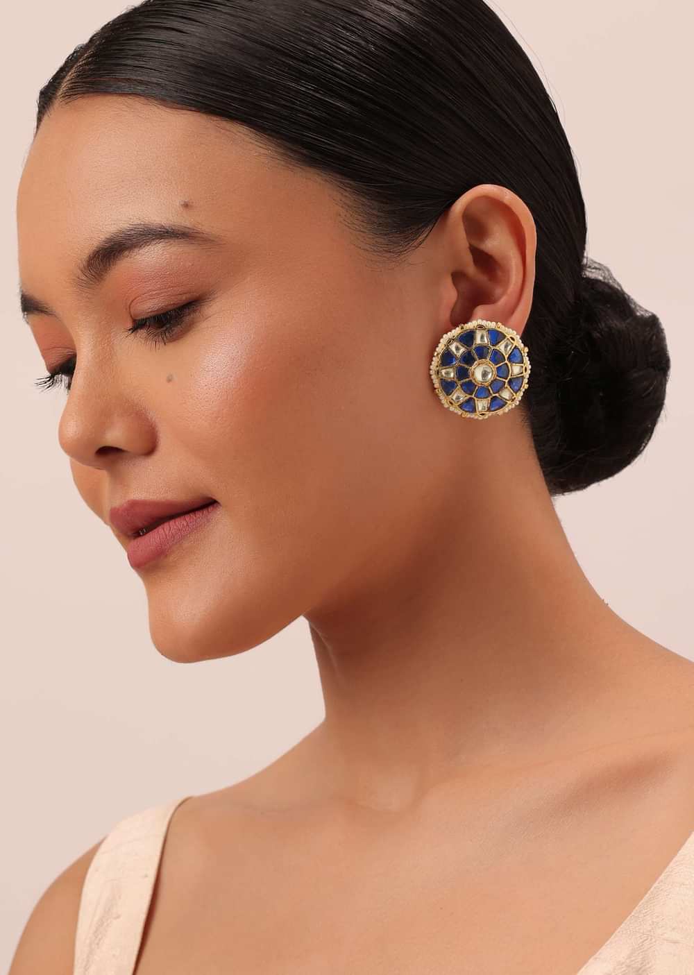 Blue Studs With Meenakari And Polki Stones