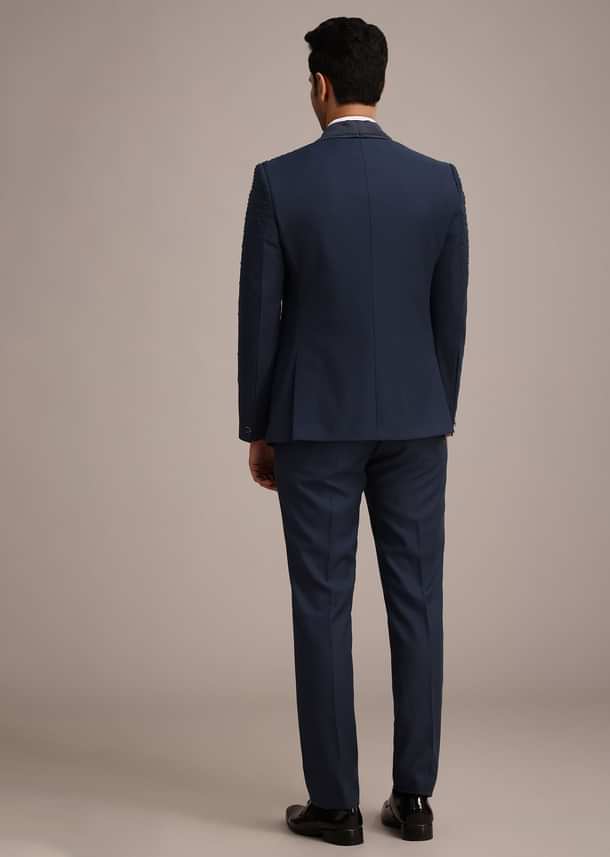 Blue Terry Rayon Tuxedo Set With Hand Work Blue Terry Rayon Tuxedo Set With Hand Work