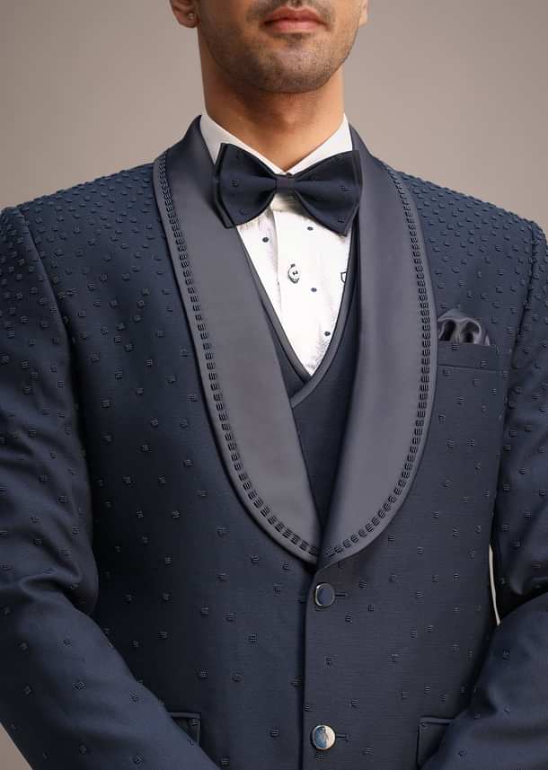 Blue Terry Rayon Tuxedo Set With Hand Work Blue Terry Rayon Tuxedo Set With Hand Work