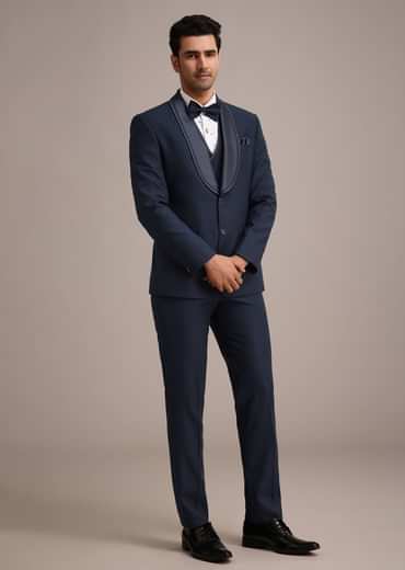 Blue Terry Rayon Tuxedo Set With Hand Work