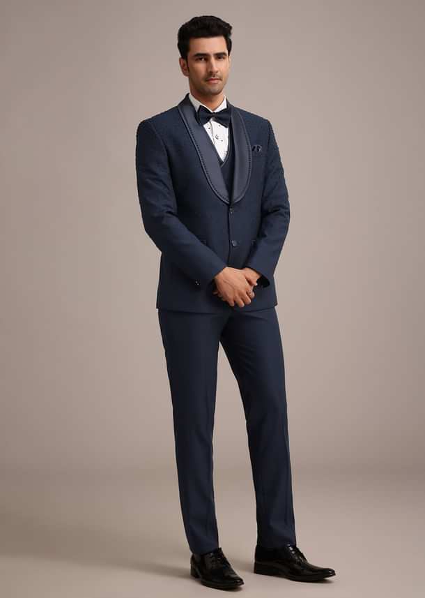 Blue Terry Rayon Tuxedo Set With Hand Work Blue Terry Rayon Tuxedo Set With Hand Work