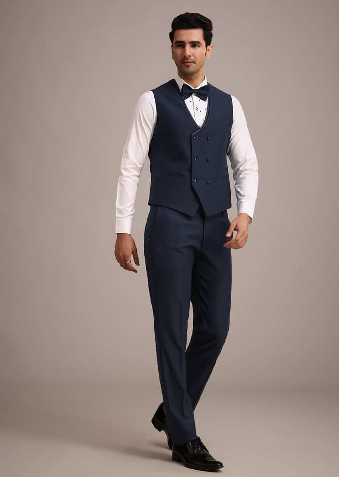 Blue Terry Rayon Tuxedo Set With Hand Work