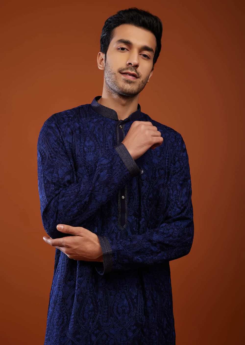 Royal Blue Thread Embroidered Georgette Kurta Set