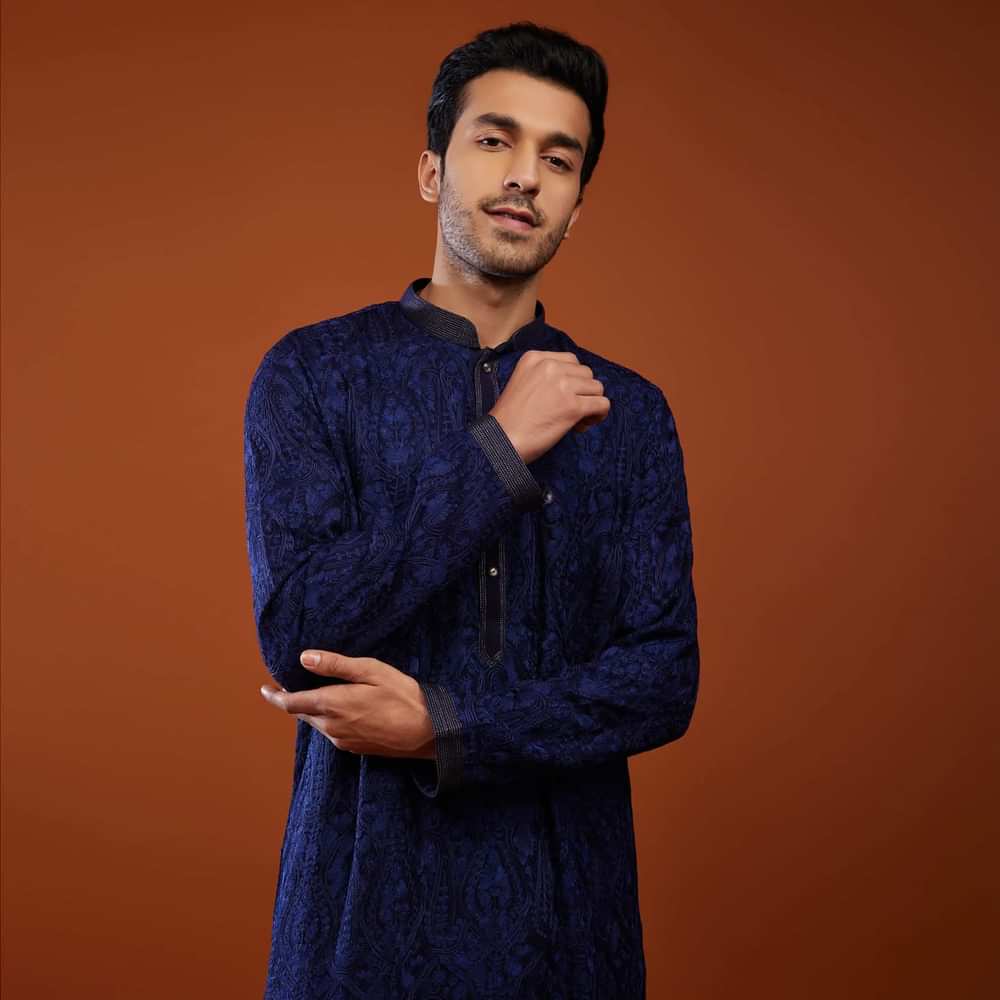 Royal Blue Thread Embroidered Georgette Kurta Set