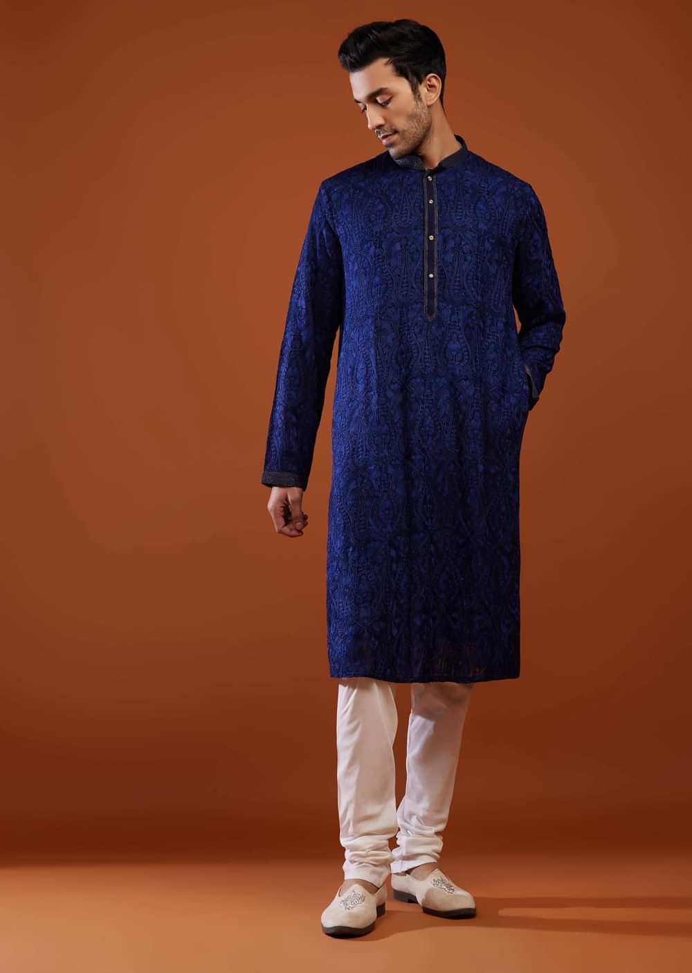 Royal Blue Thread Embroidered Georgette Kurta Set
