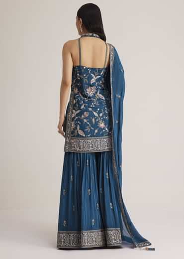 Blue Thread Work Sharara Suit With Dupatta