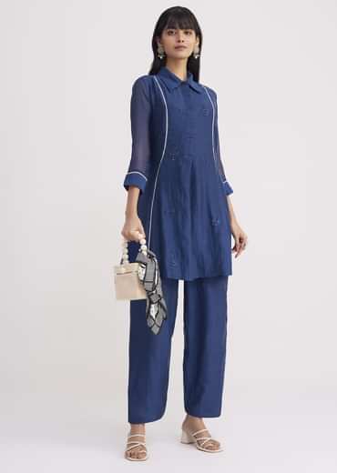Blue Threadwork Kurta Pant Set