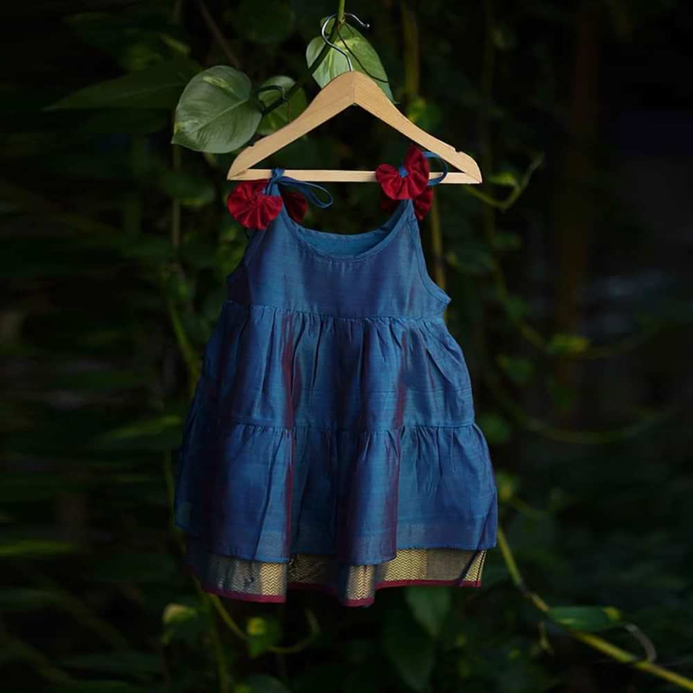 Kalki Girls Blue Tiered Dress In Cotton Silk With Adjustable Red Tie Ups On The Shoulder By Love The World Today
