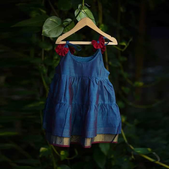 Kalki Girls Blue Tiered Dress In Cotton Silk With Adjustable Red Tie Ups On The Shoulder By Love The World Today