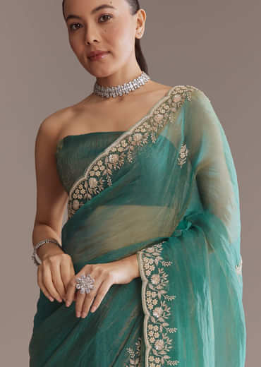 Teal Green Two Tone Tissue Saree With Sequin And Stone Embroidery