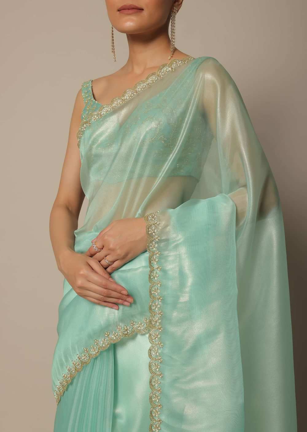 Blue Tissue Silk Saree With Cutdana Work And Unstitched Blouse Piece