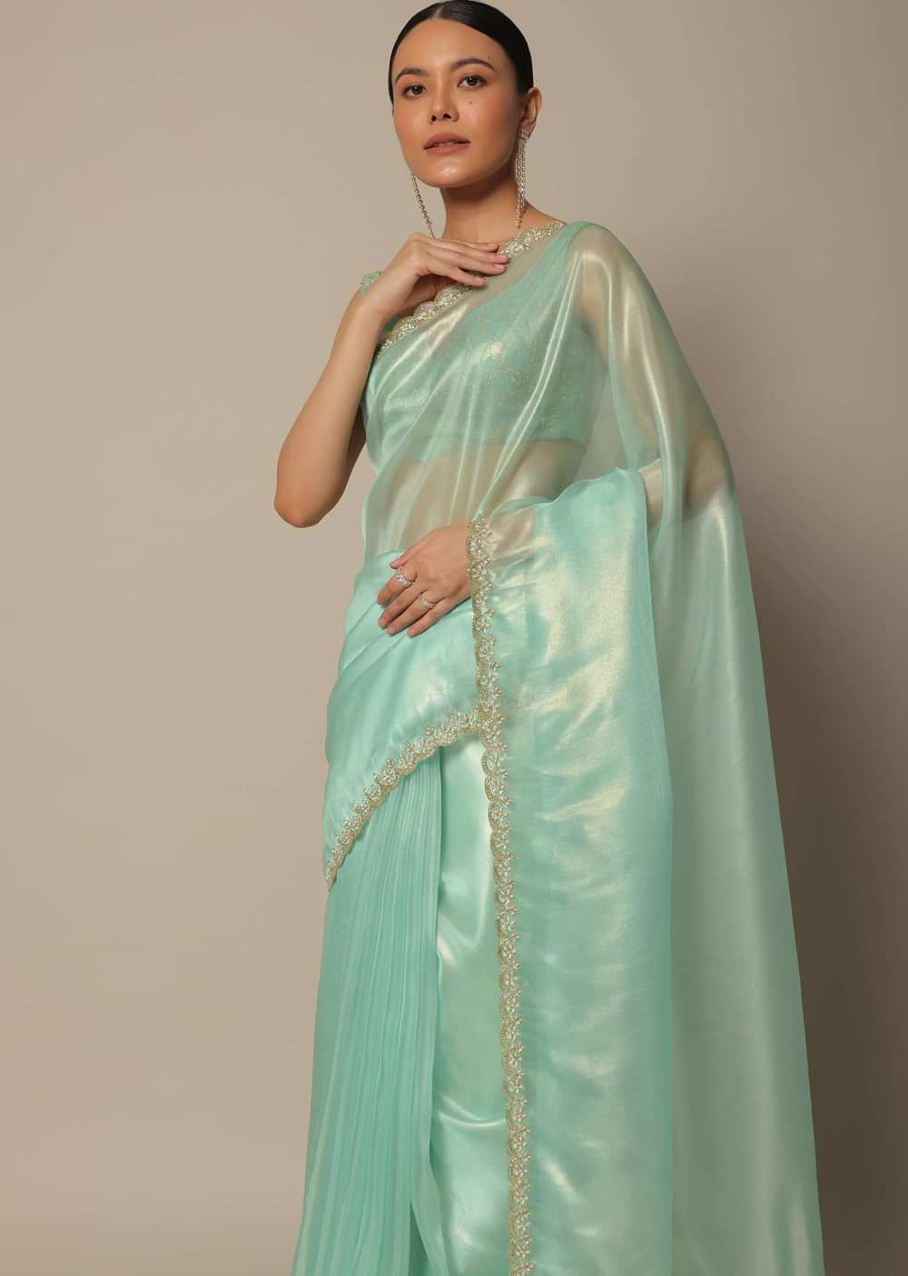 Blue Tissue Silk Saree With Cutdana Work And Unstitched Blouse Piece