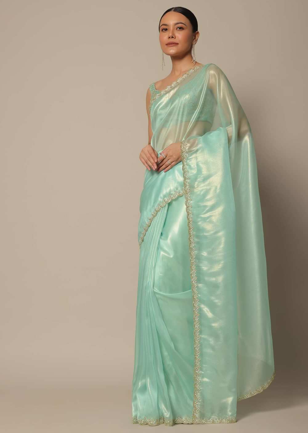 Blue Tissue Silk Saree With Cutdana Work And Unstitched Blouse Piece