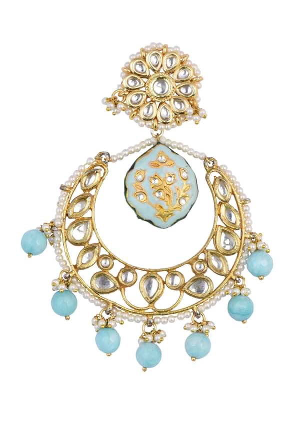 Blue Tone Kundan Chandali Earings With Beads Blue Tone Kundan Chandali Earings With Beads