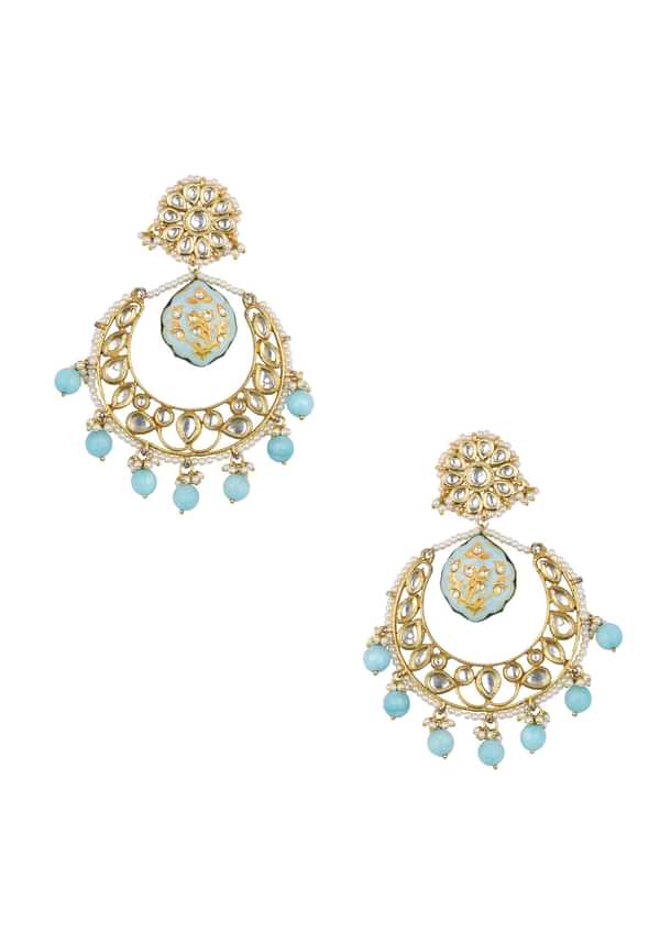Blue Tone Kundan Chandali Earings With Beads Blue Tone Kundan Chandali Earings With Beads