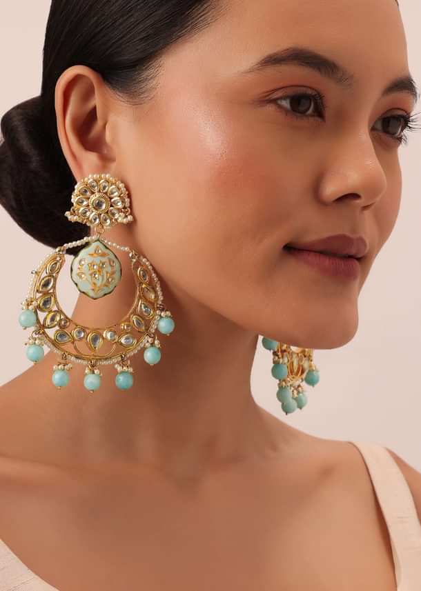 Blue Tone Kundan Chandali Earings With Beads Blue Tone Kundan Chandali Earings With Beads
