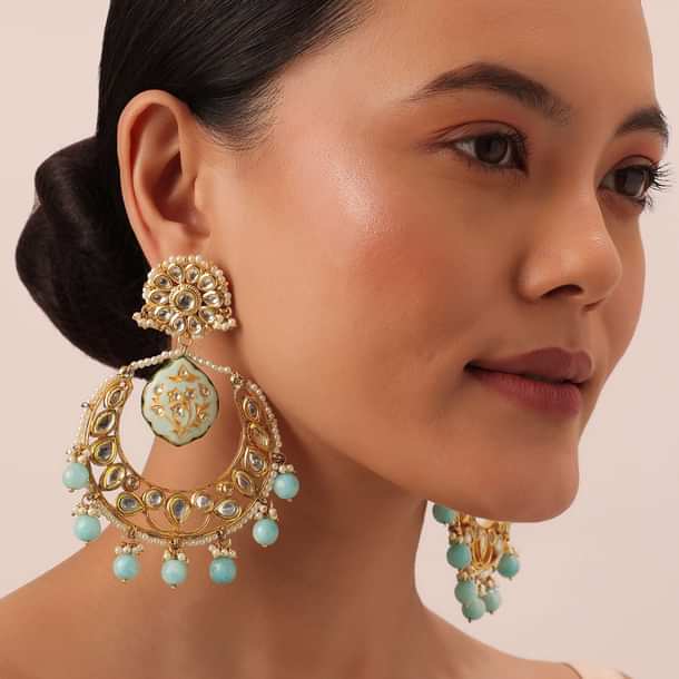 Blue Tone Kundan Chandali Earings With Beads Blue Tone Kundan Chandali Earings With Beads