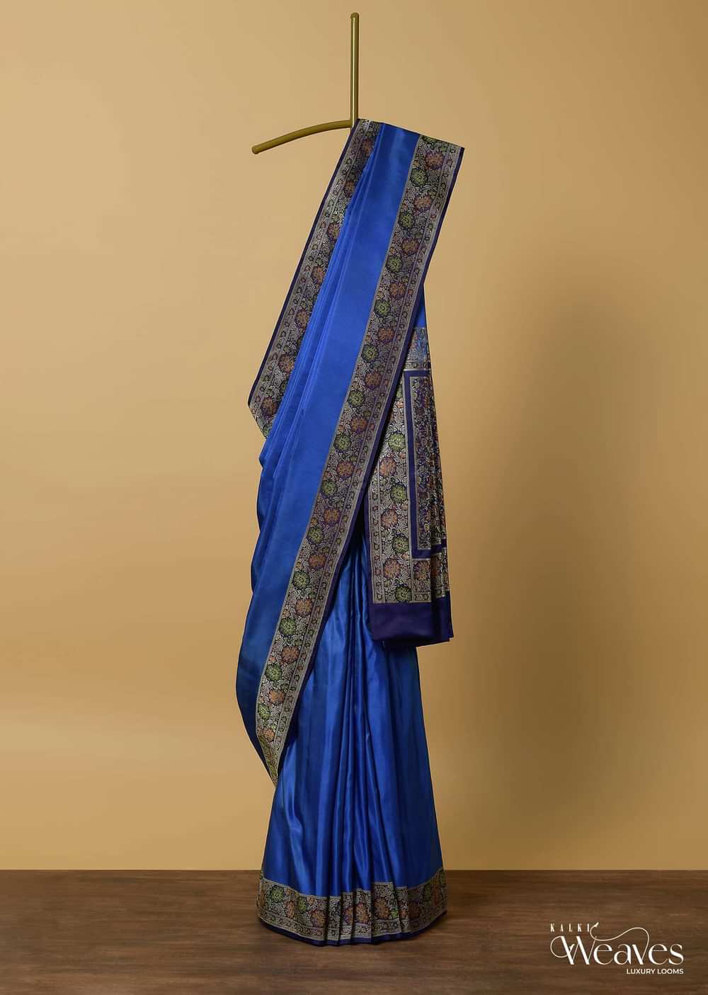 Blue Valkalam Banarasi Satin Crepe Saree With Unstitched Blouse Piece