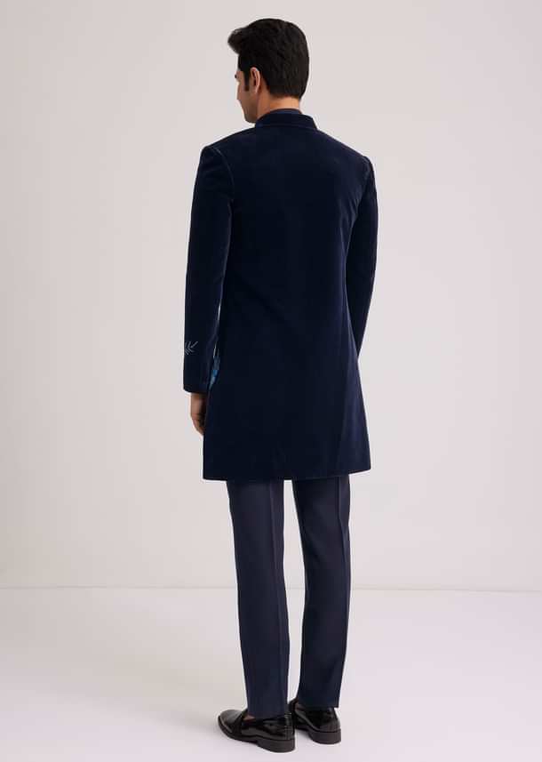 Blue Velvet Indo Jacket Set With Hand Painted Cut Dana Work