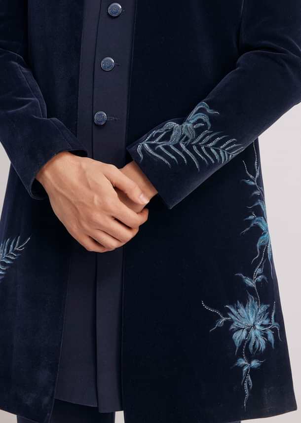 Blue Velvet Indo Jacket Set With Hand Painted Cut Dana Work