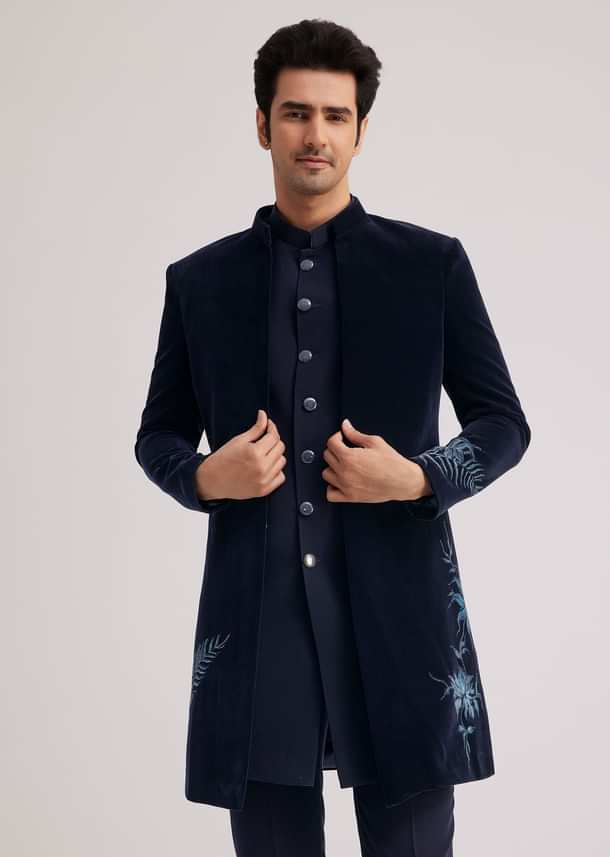 Blue Velvet Indo Jacket Set With Hand Painted Cut Dana Work