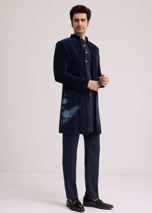 Blue Velvet Indo Jacket Set With Hand Painted Cut Dana Work