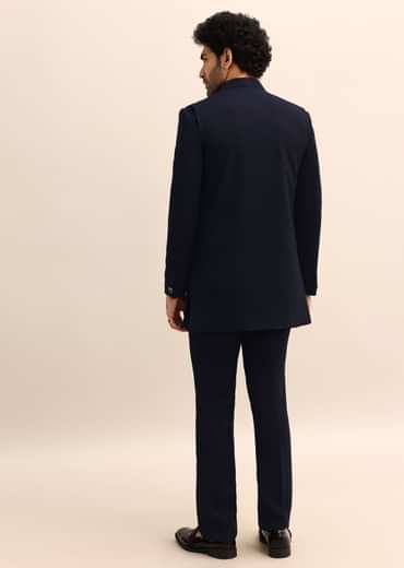 Blue Jacquard 3 Pc Bandhgala Jodhpuri Suit