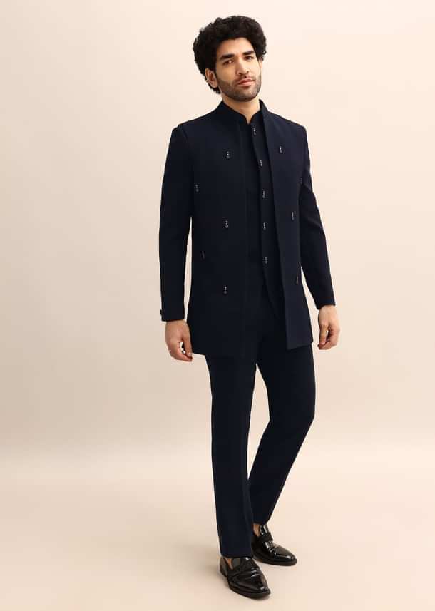 Blue Jacquard 3 Pc Bandhgala Jodhpuri Suit Blue Jacquard 3 Pc Bandhgala Jodhpuri Suit