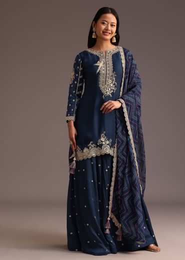 Blue Zari Work Palazzo Suit With Organza Dupatta
