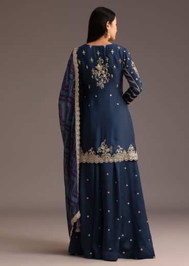 Blue Zari Work Palazzo Suit With Organza Dupatta