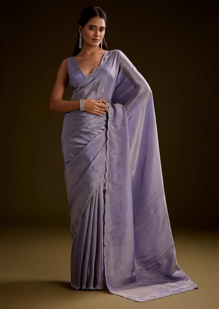 Blush Grey Tissue Saree With Cutdana And Sequins Embroidery And Scallop Border