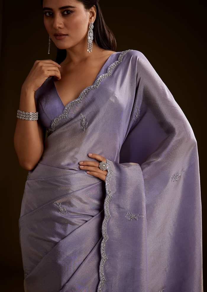 Blush Grey Tissue Saree With Cutdana And Sequins Embroidery And Scallop Border