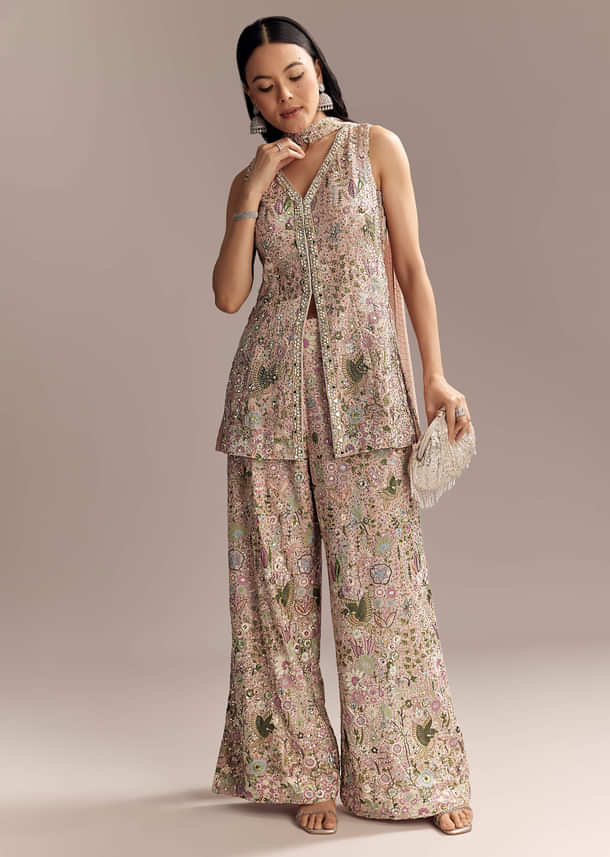Blush Pink Georgette Palazzo Suit With Sequins And Resham Work Blush Pink Georgette Palazzo Suit With Sequins And Resham Work