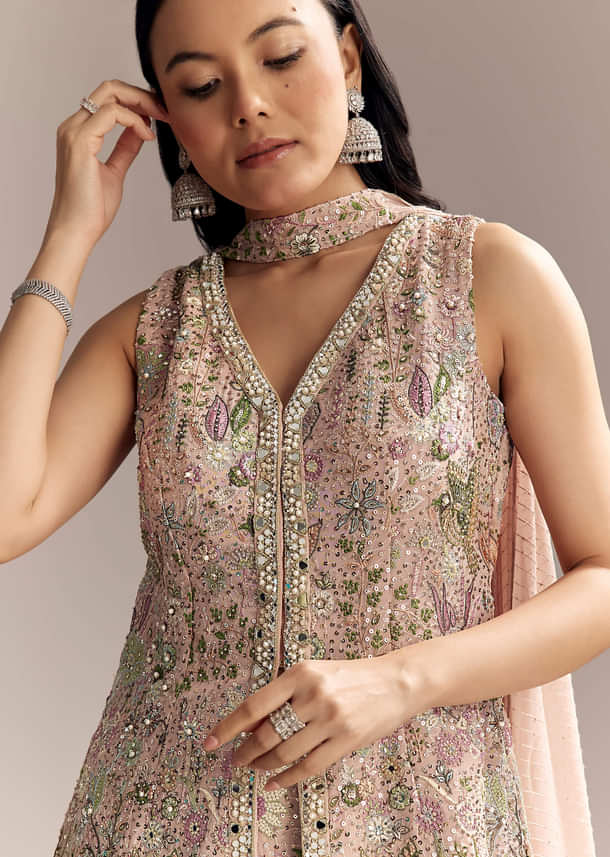 Blush Pink Georgette Palazzo Suit With Sequins And Resham Work Blush Pink Georgette Palazzo Suit With Sequins And Resham Work